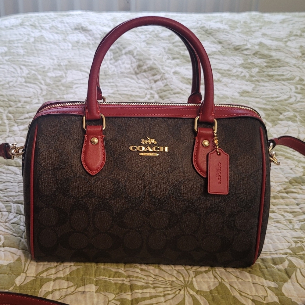 JUST SOLD Coach Signature Brown Canvas Satchel With True Red Trim.
